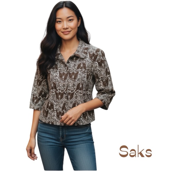 Saks Fifth Ave Brown & White Floral Cotton Cropped Blazer Jacket NWOT Size 14 - Picture 1 of 11
